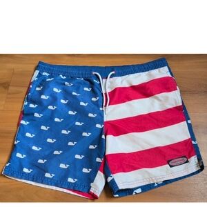 Patriotic Swim Trunks with Whale Print